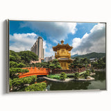 Framed canvas landscape art of Hong Kong with colorful vintage poster style, ideal for living room decor.
