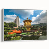 Framed canvas of vintage poster art featuring a colorful Hong Kong skyline, ideal for living room decor.