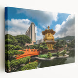 Hong Kong cityscape on large stretched canvas with muted blue and gray tones, ideal for kitchen wall art.