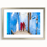 Textured abstract art print depicting a serene Indian landscape in muted earth tones, framed with a silver mat.