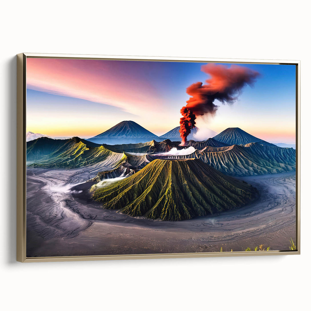 Framed canvas depicting a vintage-style Indonesian landscape in muted gold and black tones, ideal for bedroom wall decor.