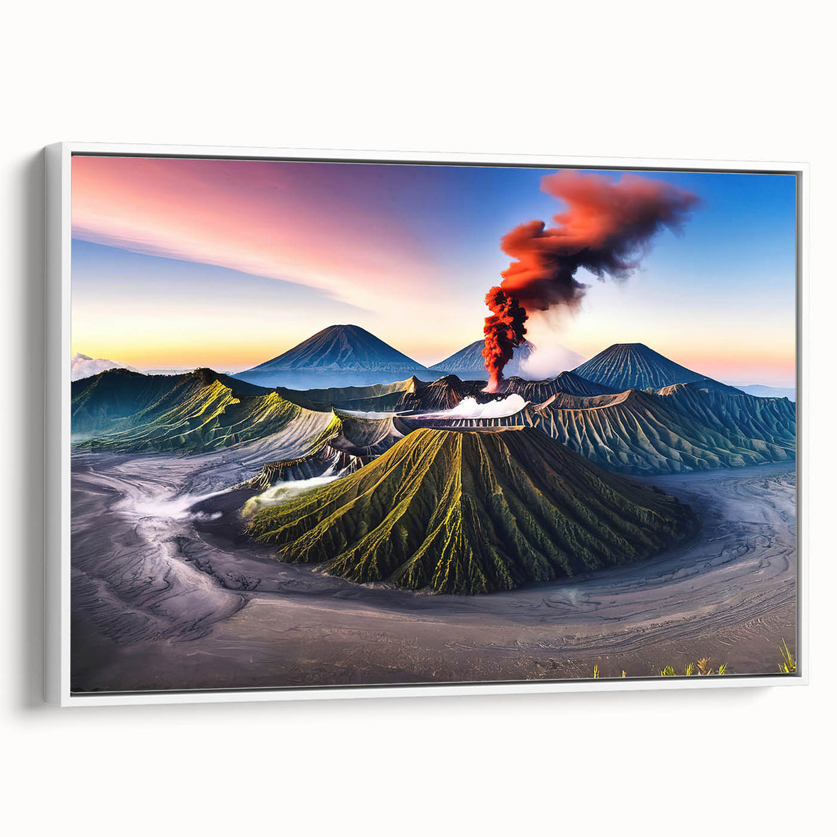 Framed canvas featuring a vintage poster art of an Asian scenery in Indonesia with colorful art on a white background.