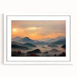 Abstract art print of a Korean landscape in muted green and beige tones on a framed white canvas.