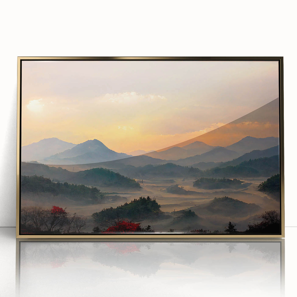 Mid-century modernist style large art print depicting a serene Korean landscape in muted earth tones, framed in gold acrylic.