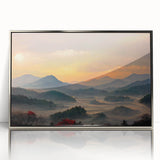 Mid-century modernist art depicting an Asian landscape in muted greens and blues, framed acrylic.