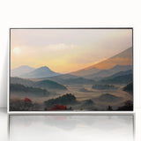 Acrylic print of a serene Korean landscape in soft pastel shades, framed in white, suitable for modern art wall decor.