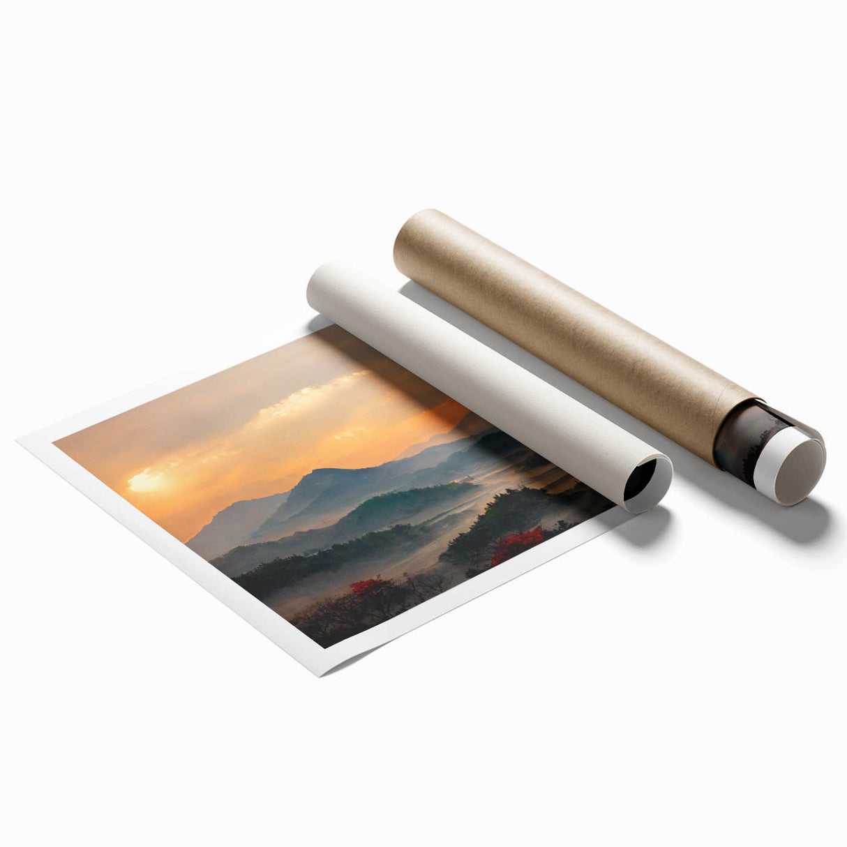 Extra large rolled print featuring a serene Korean landscape with soft floral elements in pastel shades.