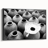 Black and white landscape art painting of a Laotian scenery on framed canvas, ideal for bedroom wall decor.