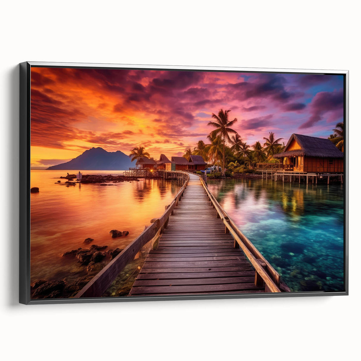 Black and white framed canvas of a Maldivian landscape, ideal for bedroom decor, featuring vintage poster art style.
