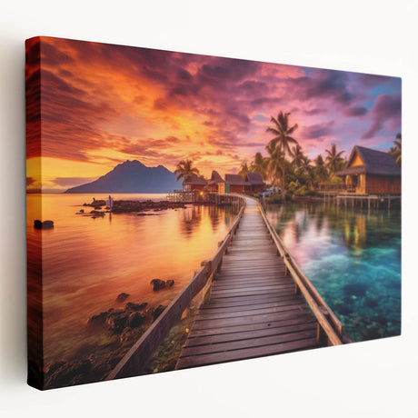 Large art depicting a serene Maldives beach scene in soft blue and white tones on stretched canvas.