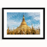 Extra large abstract art print featuring vibrant, textured colors depicting Myanmar scenery, framed in black.