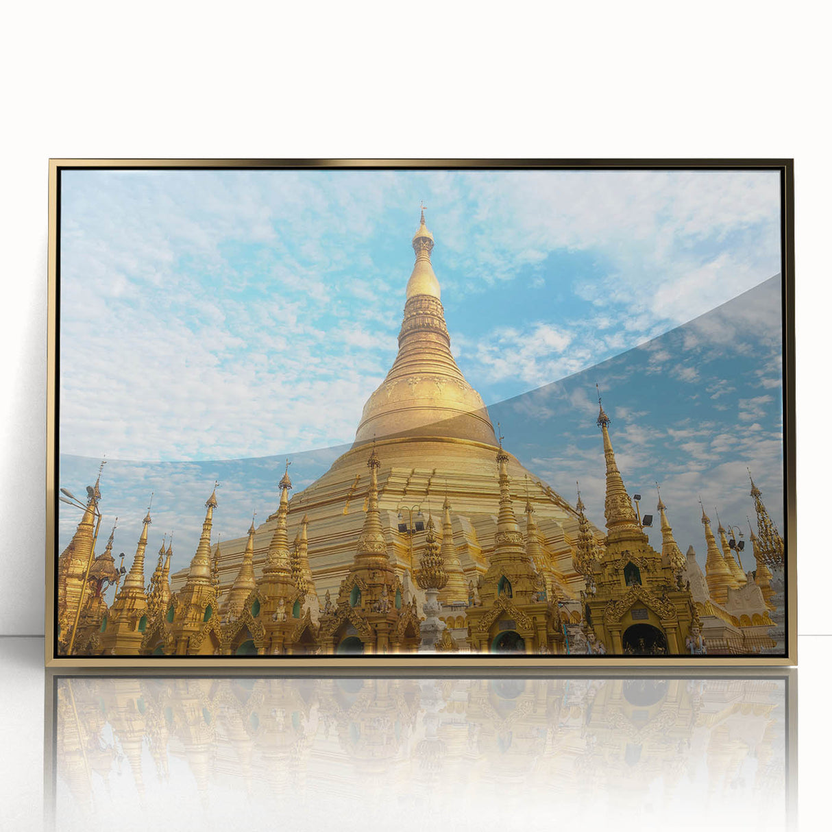 Framed acrylic print of a Myanmar landscape in muted gold and green tones, ideal for modern art wall decor.