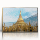 Framed acrylic print of a Myanmar landscape in muted gold and green tones, ideal for modern art wall decor.