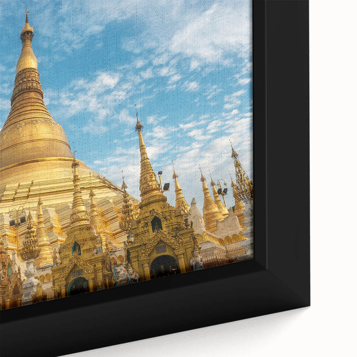 Extra large black framed canvas depicting a textured, colorful Myanmar scenery, ideal for living room decor.