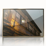 Large art print of a Philippine landscape in mid-century modernist style, acrylic framed in gold.