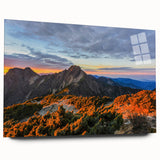Large abstract wall art of a Taiwanese landscape in muted earth tones on acrylic glass.