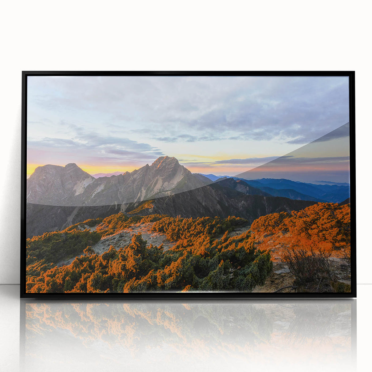 Large abstract wall art depicting a Taiwan scenery in muted earth tones, framed in black acrylic.