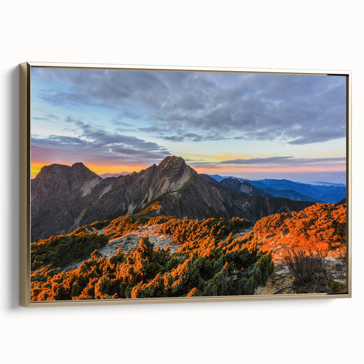 Framed canvas depicting a vintage-style Taiwanese landscape in black with golden accents, ideal for bedroom wall art.