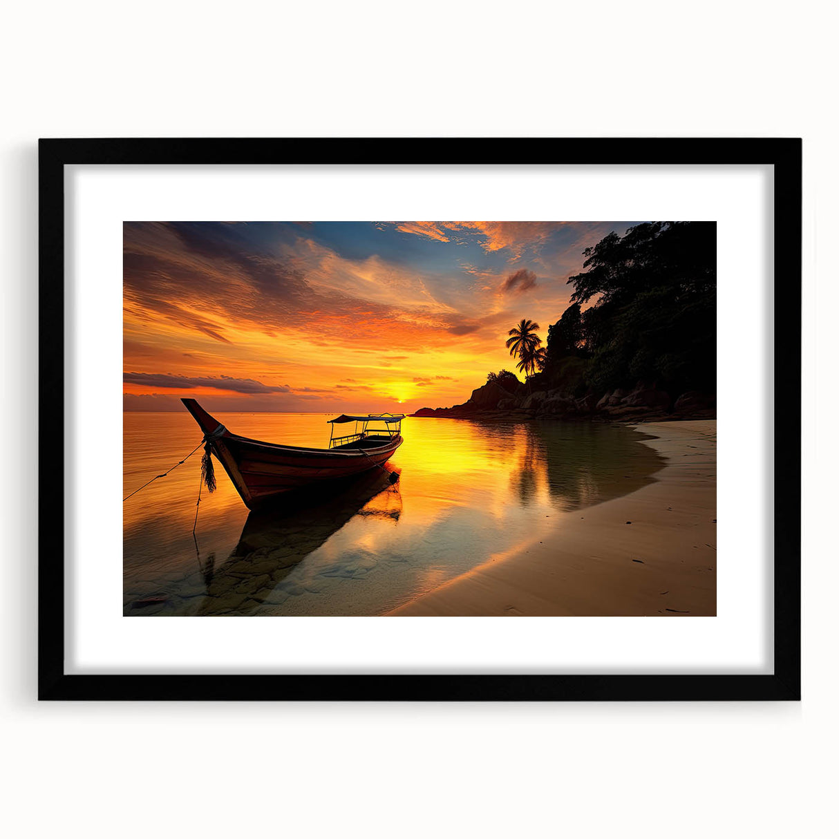 Extra large abstract art print featuring a colorful, textured depiction of a Thai landscape, framed in black.