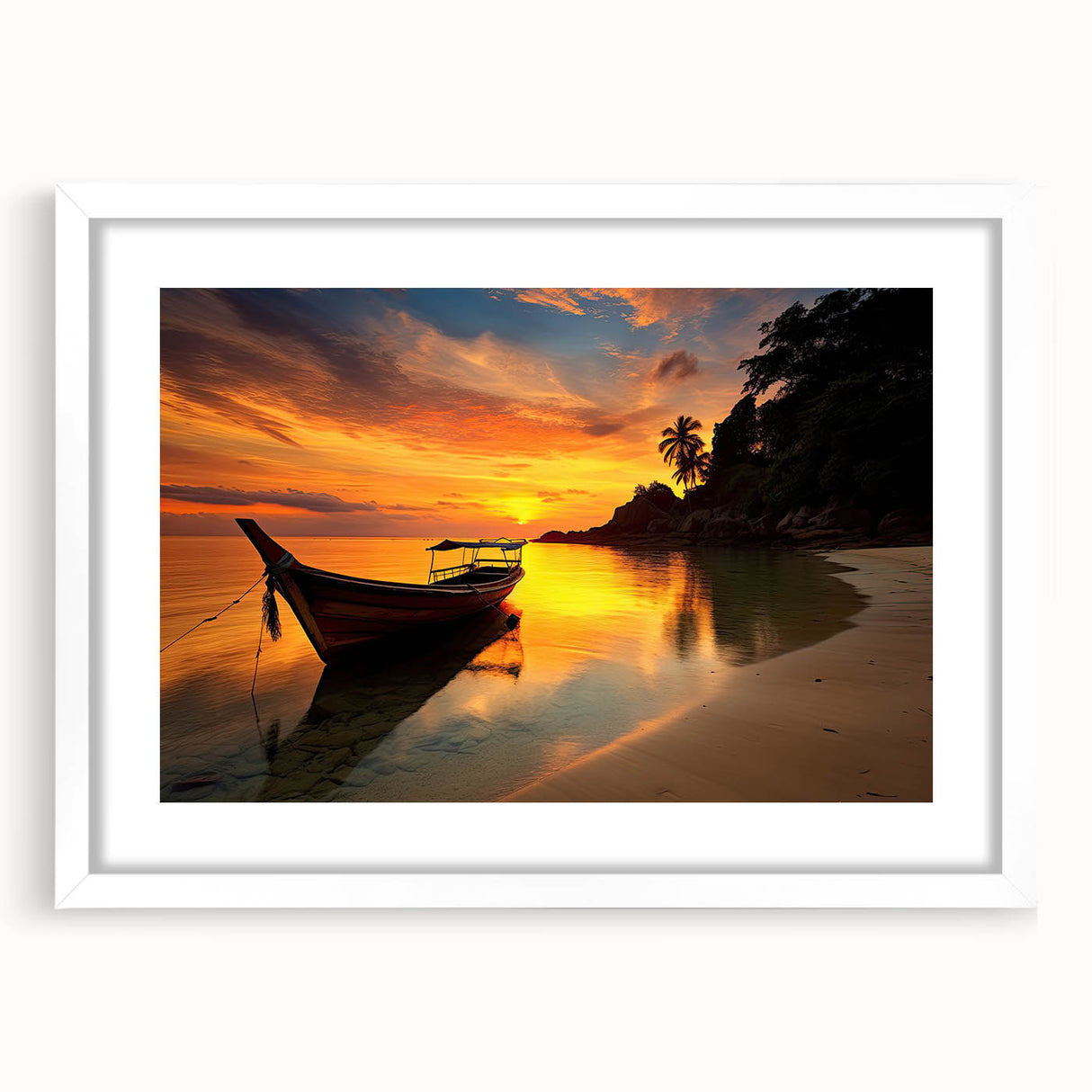 Abstract art print of a tranquil Thai landscape in muted greens and blues on a framed white mat.