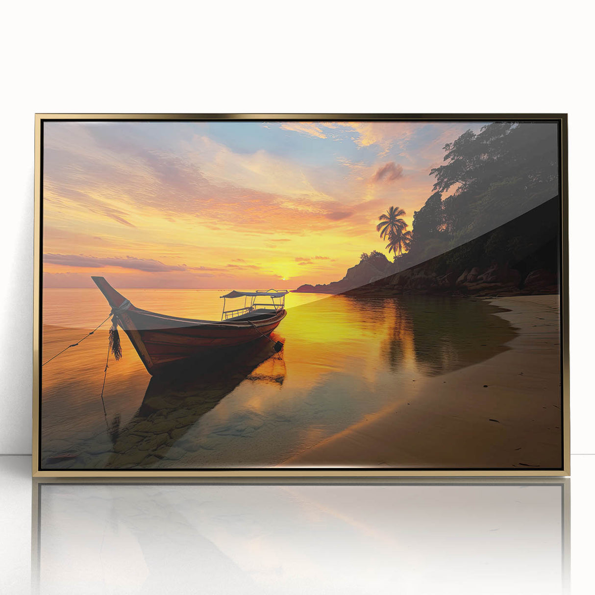 Large acrylic print of a Thai landscape in gold and green tones, framed, in mid-century modernist style.