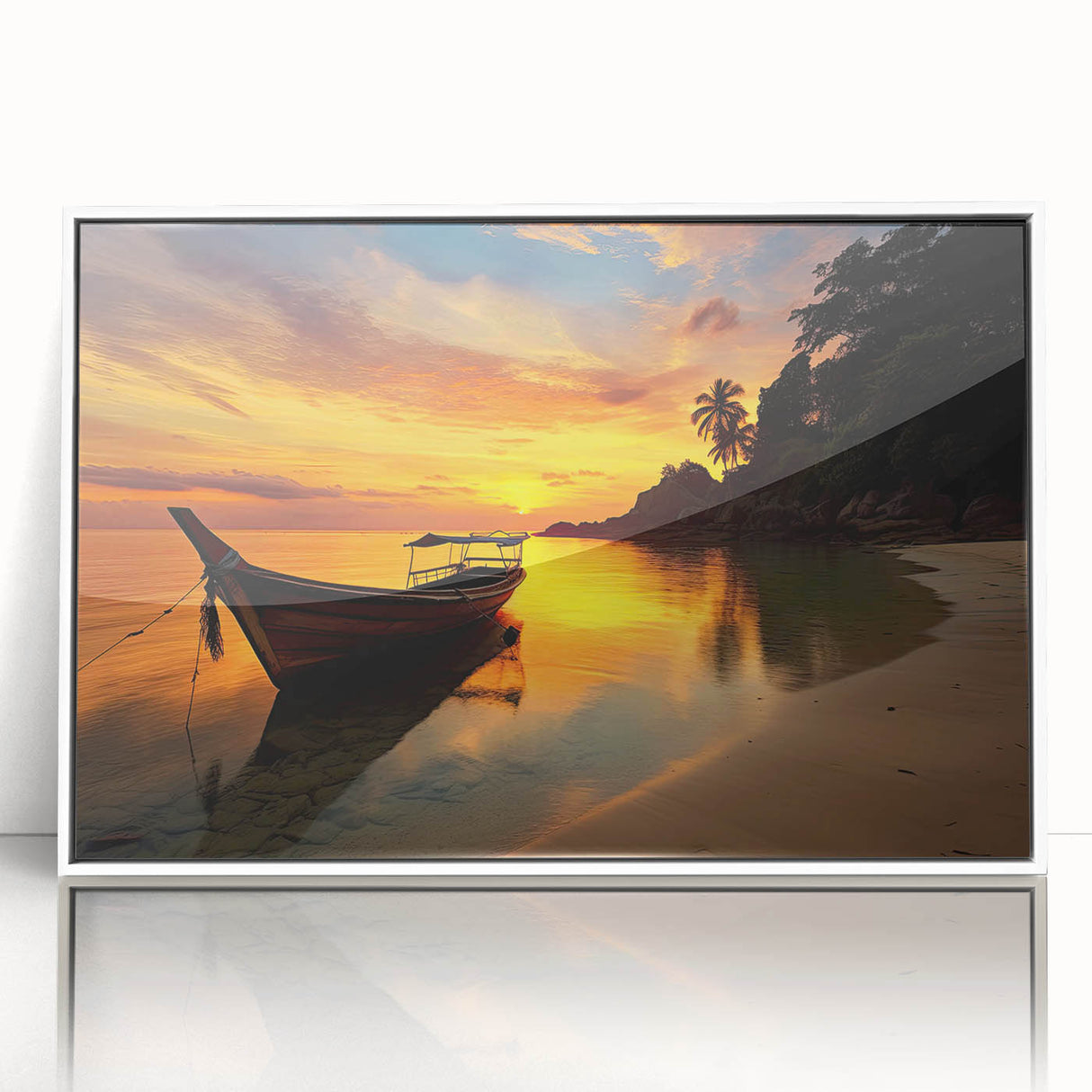 Acrylic print of a serene Thai landscape in muted green and blue tones, framed in white, ideal for modern art wall decor.