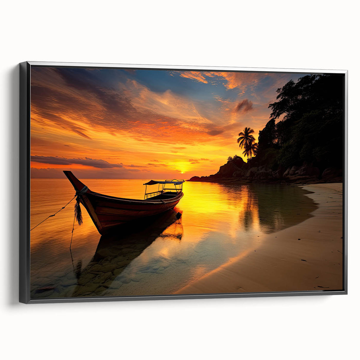 Black and white wall art of a Thai landscape on framed canvas, ideal for bedroom decor.