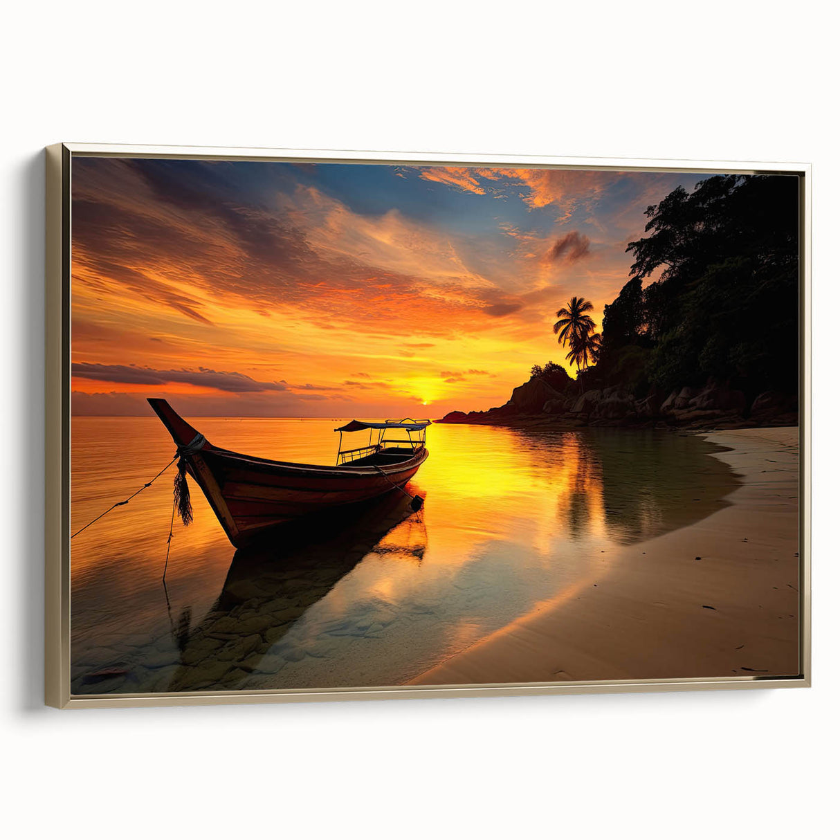 Framed canvas featuring a vintage-style landscape painting of a Thai scenery in muted gold and black tones.