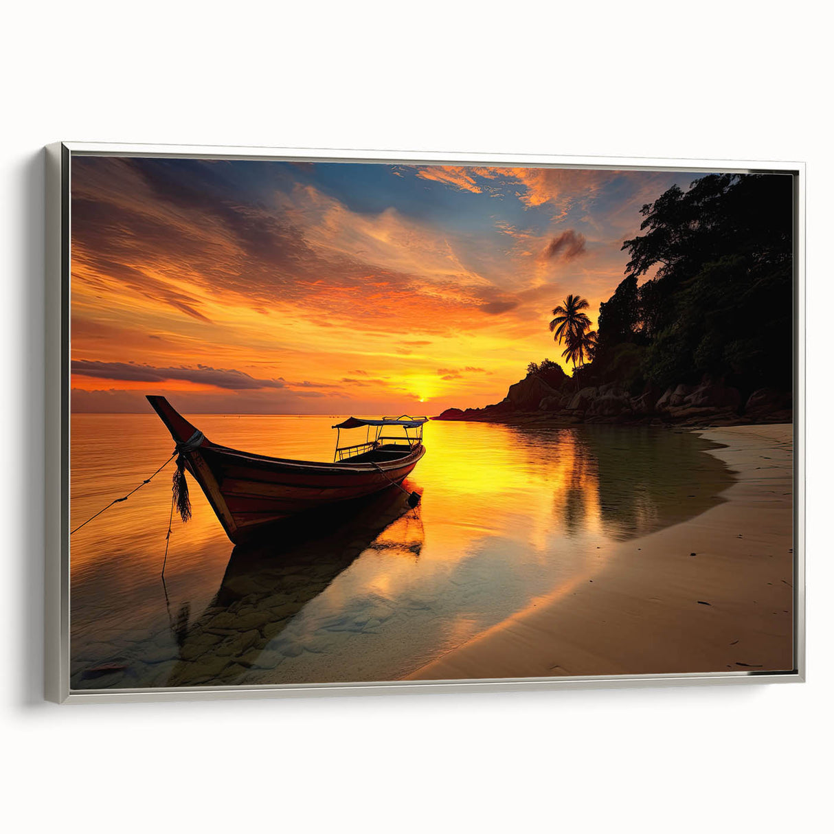 Framed canvas landscape art painting depicting a colorful Thai scenery in vintage poster style, ideal for living room decor.