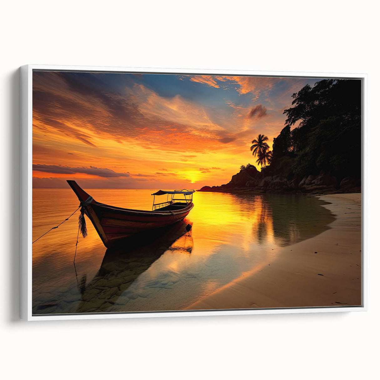 Vintage poster art of a Thai landscape in vibrant colors on a large framed canvas, ideal for living room decor.
