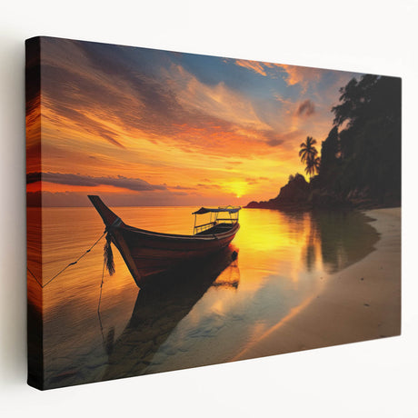 Large art depicting a tranquil Thai landscape on stretched canvas, with soft blues and greens, ideal for kitchen wall art.