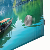 Large abstract wall art of a Vietnamese landscape in muted greens and blues on acrylic glass, ideal for dining room ambiance.