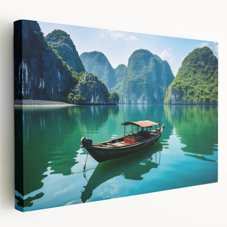 Large art depicting a Vietnamese landscape in muted greens and blues on stretched canvas, suitable for kitchen wall art.