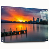 Acrylic print of Perth skyline in muted blue and gray tones, suitable for bedroom or dining room decor.