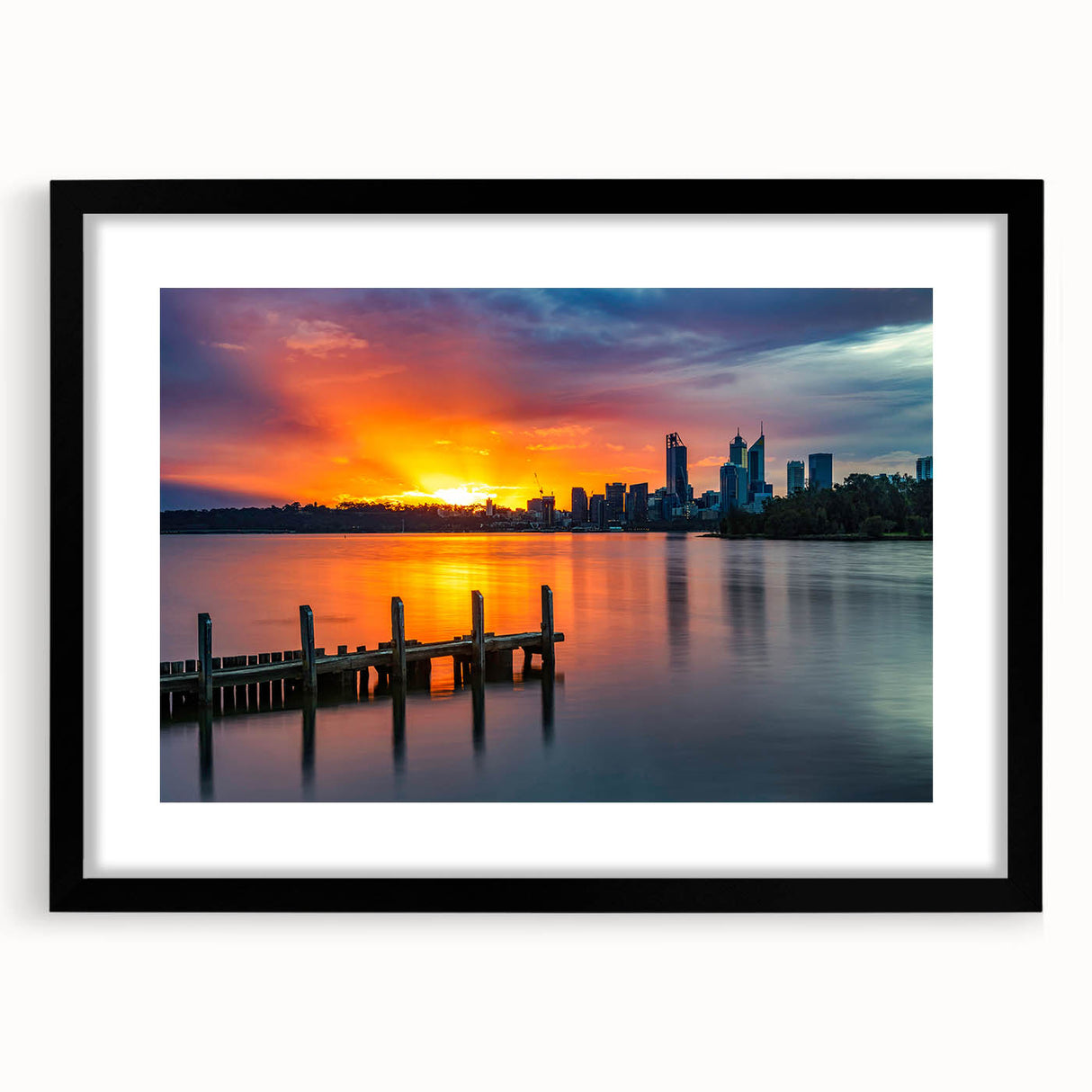 Extra large abstract art print of Perth scenery, with vibrant color palette on textured canvas, framed in black.