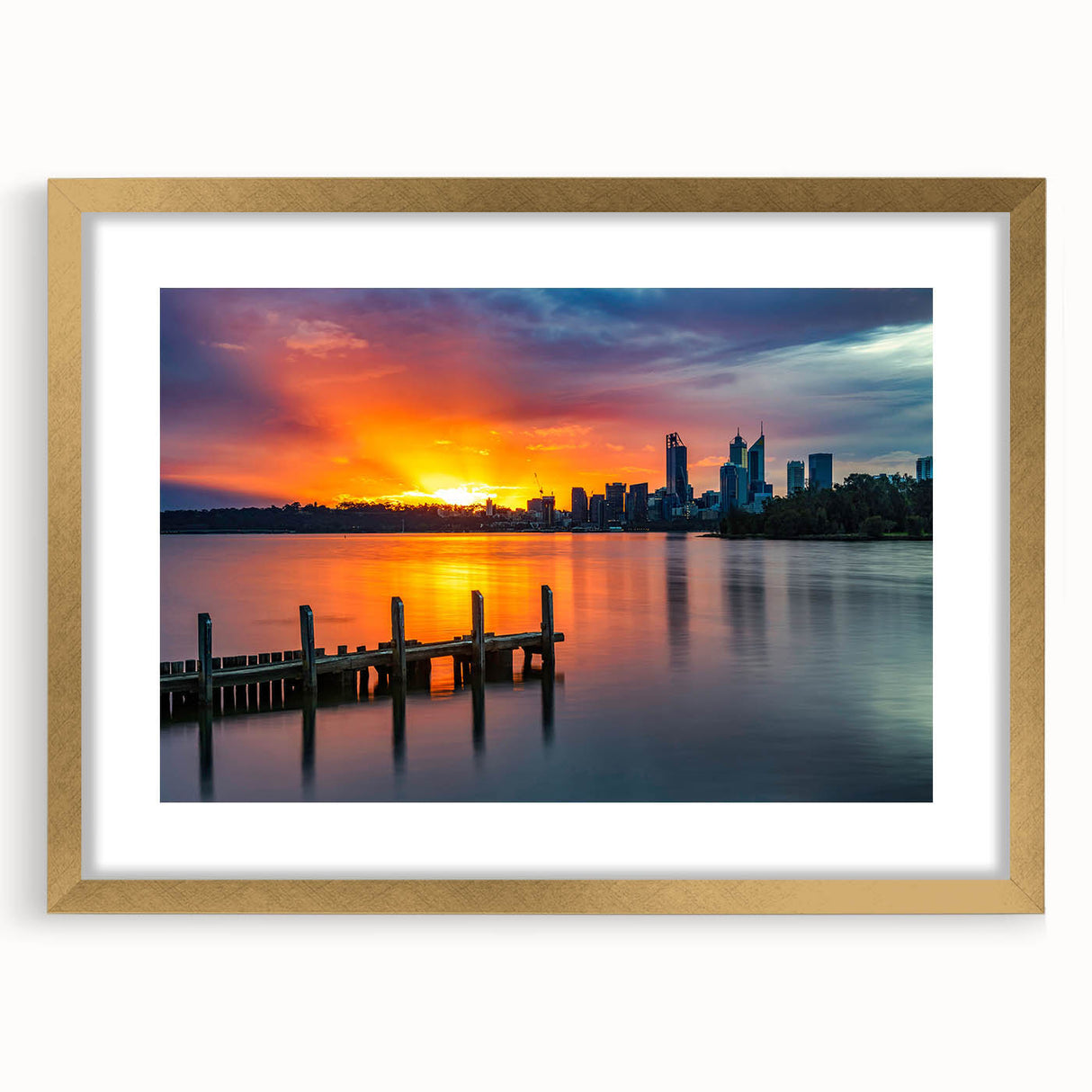 Textured abstract art print of Perth skyline in muted earth tones on a framed canvas, suitable for bedroom decor.