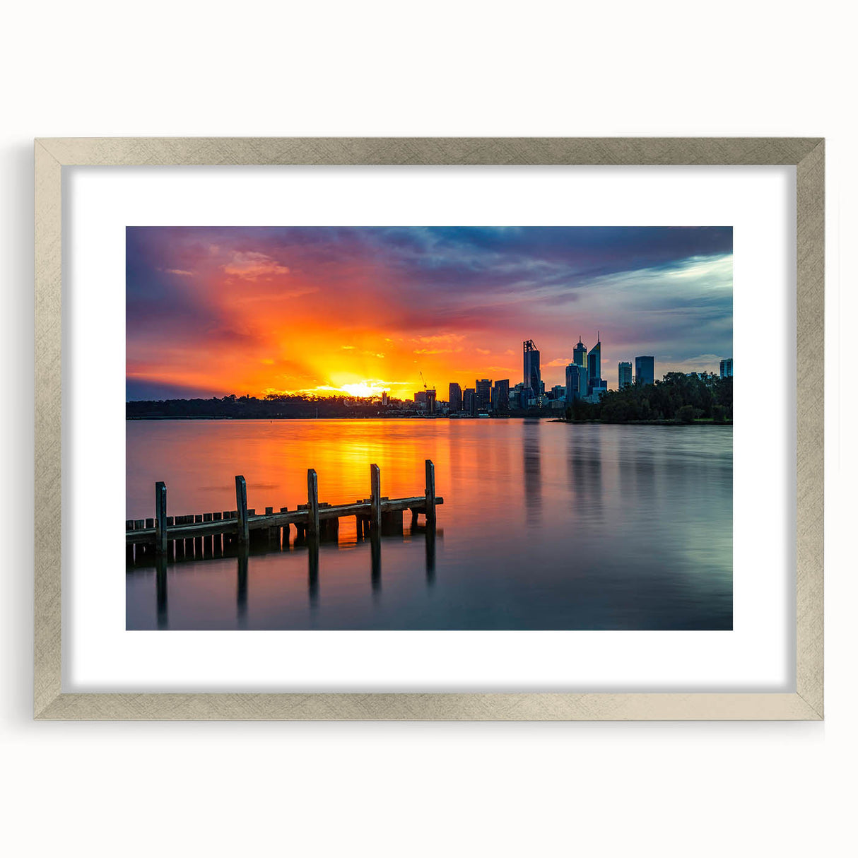 Abstract art print of Perth scenery in muted blue and green tones on a framed silver canvas.