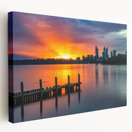 Large stretched canvas depicting the Perth skyline in muted earth tones, ideal for kitchen wall art.