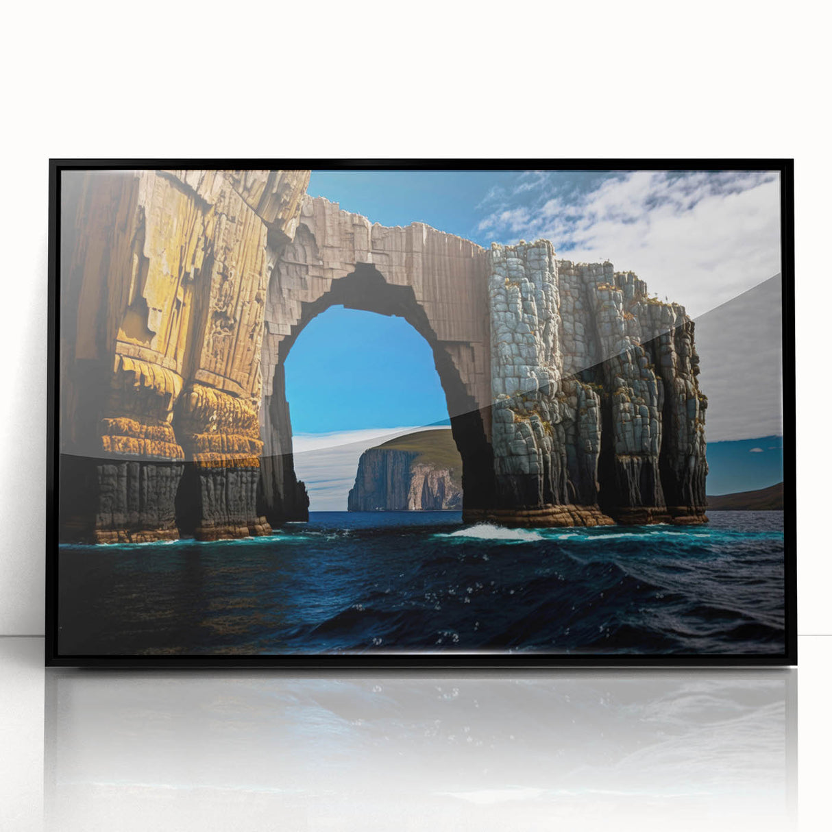 Large abstract wall art depicting Tasmania scenery in muted earth tones on a black framed acrylic.