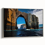 Framed canvas landscape art painting depicting a serene Tasmanian scenery in muted earth tones, ideal for living room decor.