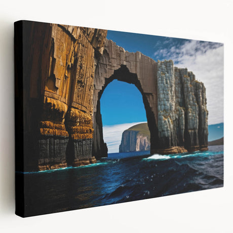 A panoramic stretched canvas featuring a serene Tasmanian landscape in muted green and blue tones.