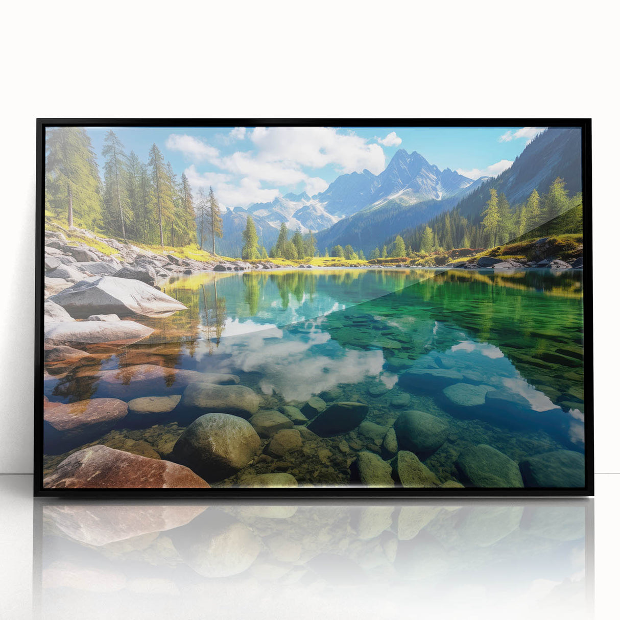 Large abstract wall art depicting a serene Alberta landscape in muted earth tones, framed in black acrylic.