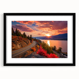 Abstract art print of British Columbia scenery in vibrant colors on a textured, extra large canvas, framed in black.