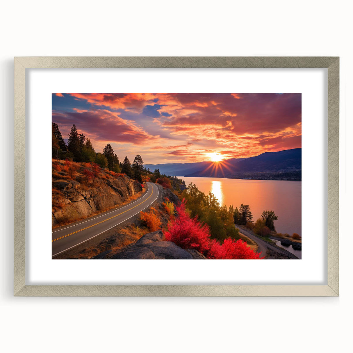 Textured art print of abstract British Columbia scenery in silver frame, featuring muted earth tones, ideal for bedroom art.