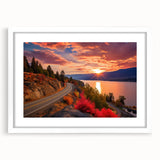 Abstract art print of a British Columbia landscape in muted green and blue tones, framed with a white mat.