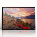 Large abstract wall art depicting a serene British Columbia landscape in muted green and blue tones, framed in black acrylic.