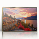 Large art print of British Columbia scenery in muted earth tones on a gold-framed acrylic.