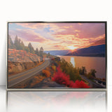 Mid-century modernist art depicting British Columbia scenery in muted earth tones on a framed acrylic panel.