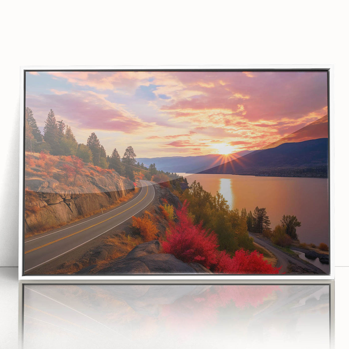Acrylic print of a serene British Columbia landscape, framed in white, suitable for modern nursery decor.
