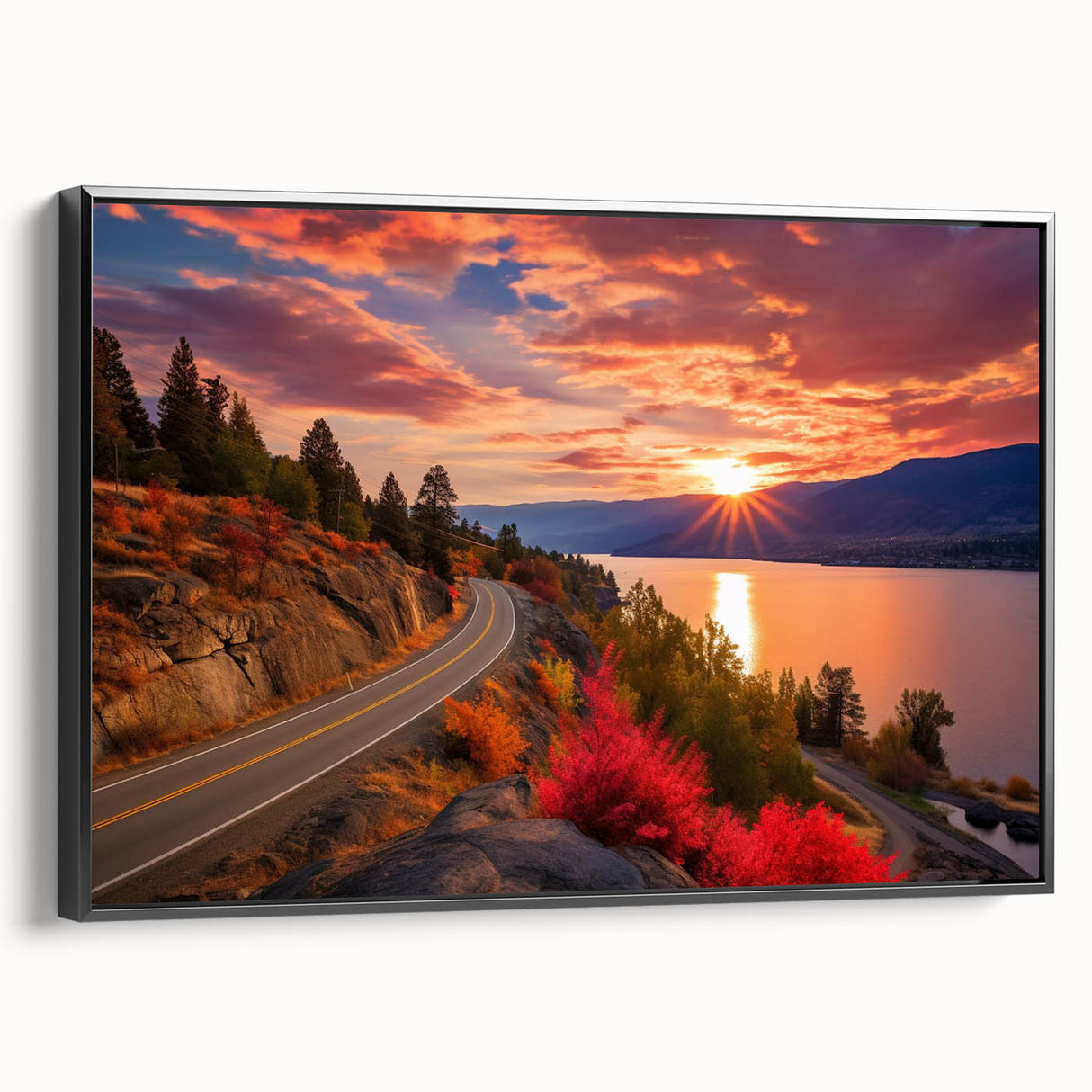 Black and white framed canvas of British Columbia landscape, ideal for bedroom wall decor, featuring vintage poster style.